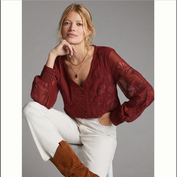 Anthropologie Tops - Anthropologie Embroidered Floral Buttondown